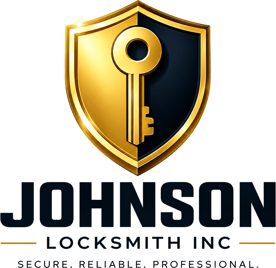 Johnson Locksmith Inc. logo: a gold shield with a key, above the business name